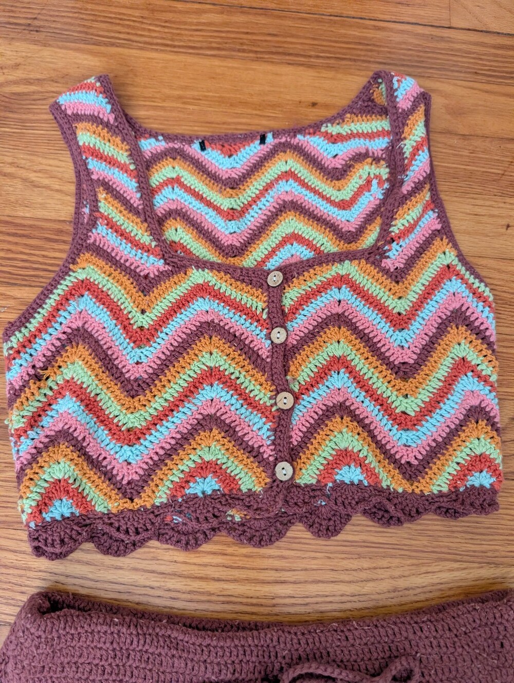 Brown Multi Crochet Chevron Mini Skirt And Crop Top Set Boho Festival - Picture 3 of 6